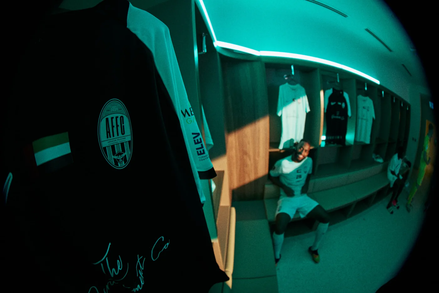 Arabian Falcons FC dressing room with official club kit